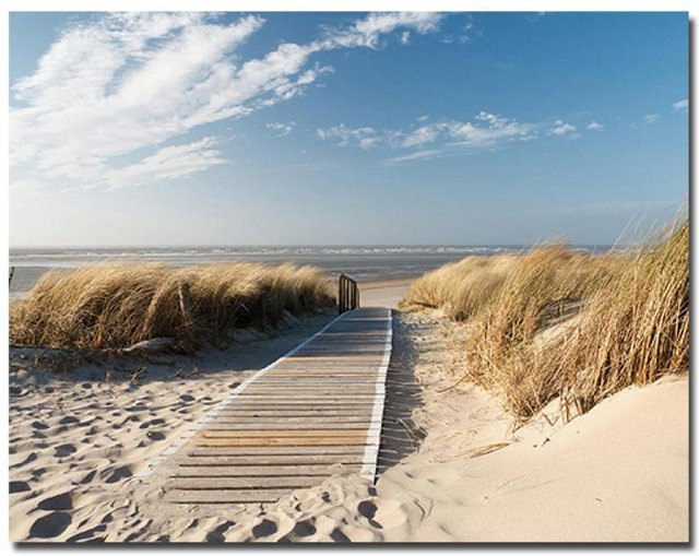 Moderner Leinwanddruck Meereslandschaft mit Ozean und Strand in Blau, Wandkunst für dein Wohnzimmer, B x H: 60 x 90 cm - Bild 1