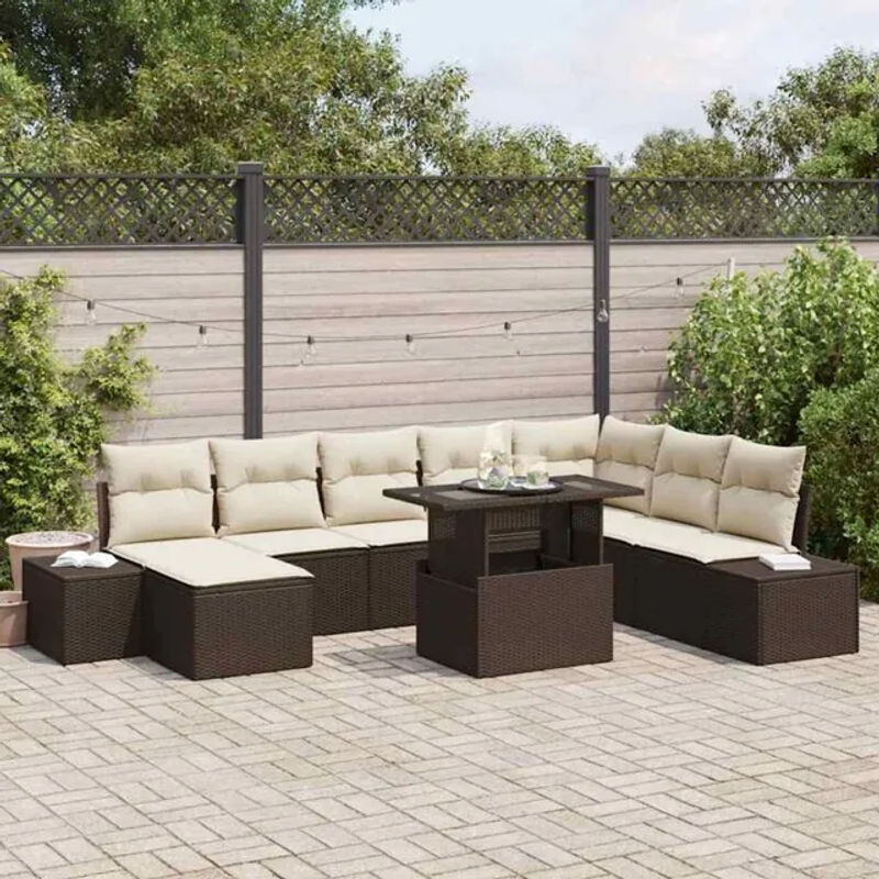 Vidaxl Garten-Sofa-Set aus 9 Teilen mit Polyrattan und Stoff in Braun und Beige - Bild 1