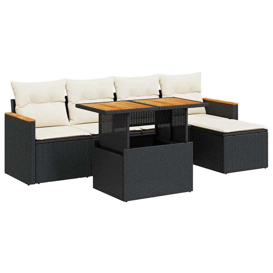 vidaXL 6-teilige Garten-Sofagarnitur aus Poly-Rattan und Akazienholz in Schwarz-Creme mit Kissen - Bild 2