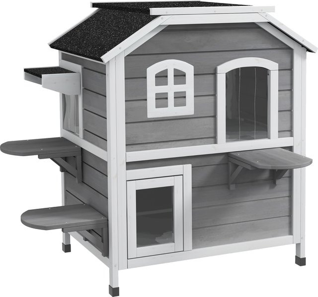 PawHut Katzenhaus aus Holz in Grau mit wetterfestem Dach und Sprungplattformen, B/T/H: 78 x 55,5 x 91 cm - Bild 1