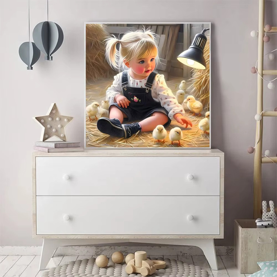 Momoart 5D DIY Diamantmalerei Mädchenporträt mit Küken als Cartoon Wandkunst, Mehrfarbig - Bild 3