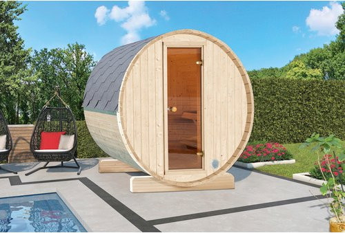 Wolff Finnhaus Fasssauna 130 aus Fichtenholz in Braun, B/H/T: 205 x 213 x 130 cm - Bild 1