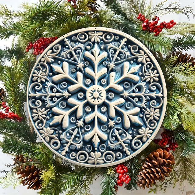 Potdemiel Runde Wanddekoration aus Metall im Vintage-Stil mit Schneeflocken-Motiv, Blau und Weiß, Durchmesser: 20,3 cm - Bild 1