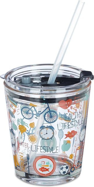 Relaxdays 4er Set Glasbecher mit Sportmotiv, transparent und bunt, inklusive Deckel und Strohhalm, 350 ml - Bild 1