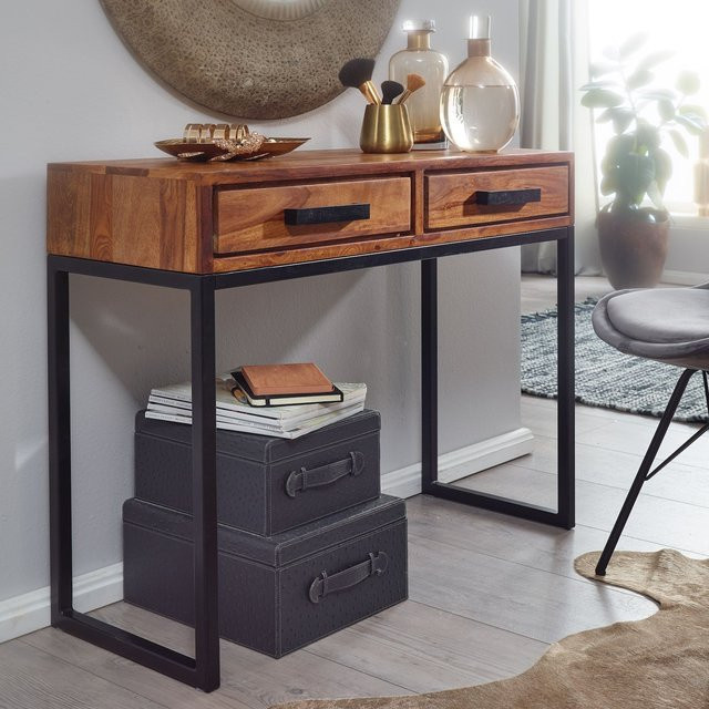 FineBuy Konsolentisch aus Sheesham Massivholz im Industrial-Style, B/T/H: 90 x 36 x 76,5 cm, Schwarz/Braun - Bild 1