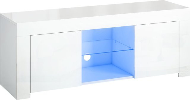 HOMCOM TV Schrank Hochglanz TV Lowboard mit RGB LED Leuchte und Glasregal in Weiß, B/T/H: 120 x 34 x 45 cm - Bild 1