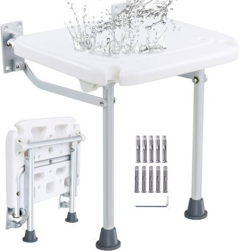 VEVOR Klappbarer Duschsitz aus PE in Weiß, wandmontierte Duschbank für Senioren und Schwangere, Tragkraft 227 kg, B/T: 40,1 x 37,6 cm - Bild 1