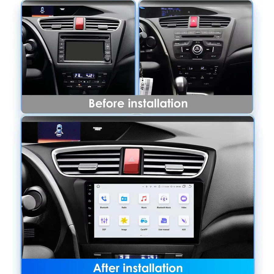 HIZPO Android 14 Auto Radio Multimedia Video Player mit 9 Zoll Display für Honda Civic 9 FK FB 2012 - 2017, GPS, Carplay und 4G, Schwarz - Bild 3