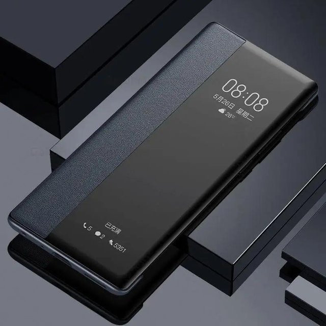 Leder-Handyhülle mit View Window Flip Case für Samsung Galaxy S24 Ultra, S23, S22, S21, Note 20, Note 10 Plus in Schwarz und Transparent - Bild 1