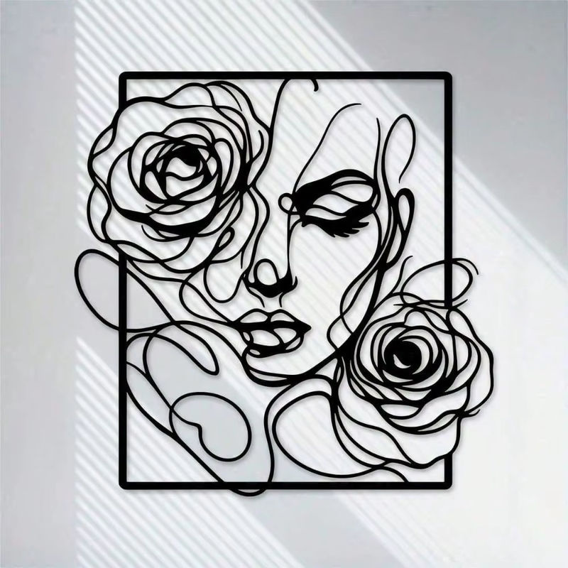 Schwarze Metall-Wandkunst von CIFBUY – Elegante Silhouette einer Frau mit Rosen als wasserfeste Wanddekoration - Bild 5
