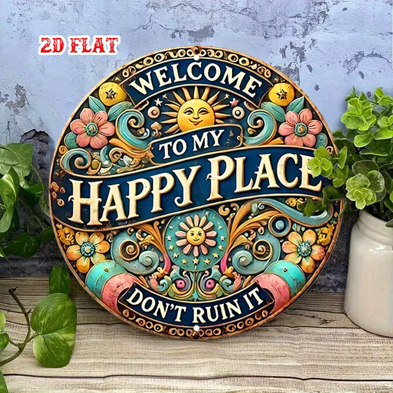 Potdemiel Rundes Aluminiumschild Welcome to My Happy Place mit Blumen und Sonne in Mehrfarbig - Bild 3