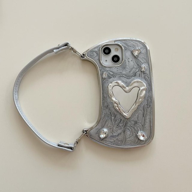 Qianliyao 3D Strass Spiegel Handyhülle mit Handtaschen-Riemen für iPhone 11 bis iPhone 17 Pro Max, Stoßfest, Farbe: Silber - Bild 1