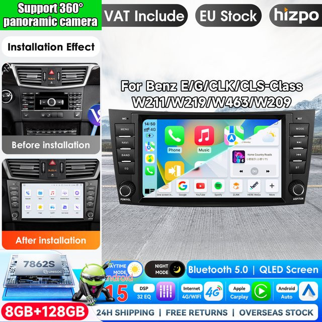 Hizpo 8-Zoll Android Auto und CarPlay Autoradio für Mercedes Benz E-Klasse W211 und W219, Schwarz, mit GPS, 4G und DSP Multimedia-Player - Bild 1