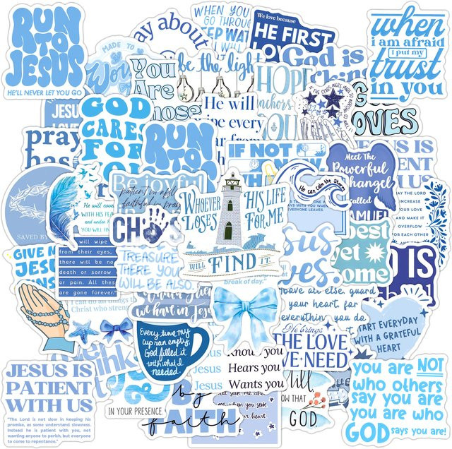 50 Stück Blaue Jesus-Christliche Sprüche Aufkleber für Skateboard, Koffer und Graffiti als DIY Bibel-Sticker - Bild 1