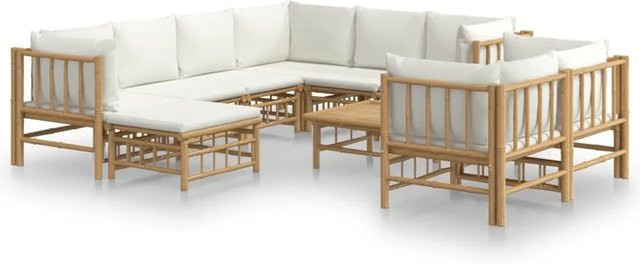 vidaXL 10-tlg. Garten-Lounge-Set aus Bambus in Braun mit cremeweißen Polsterkissen - Bild 1