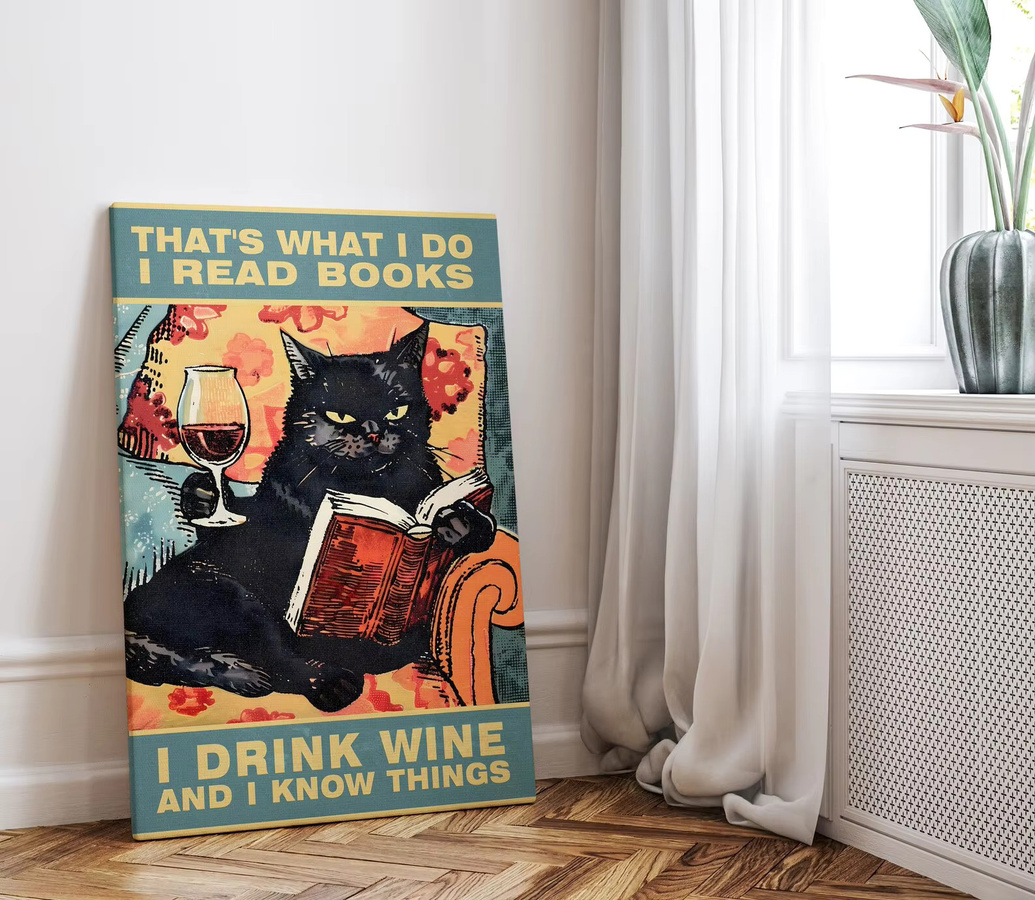 Vintage Wandkunst von SHENCHEN mit schwarzer Katze, Buch und Wein in Typografie-Design als Poster oder Leinwanddruck - Bild 4
