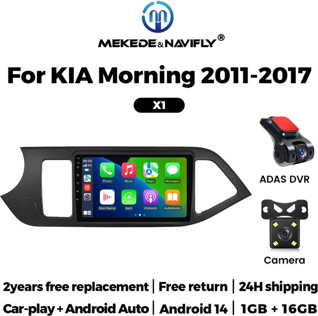 NaviTree Android 14 Autoradio mit DVR Recorder, Rückfahrkamera und GPS für KIA Picanto Morning 2011-2017, Wireless CarPlay, Schwarz - Bild 1