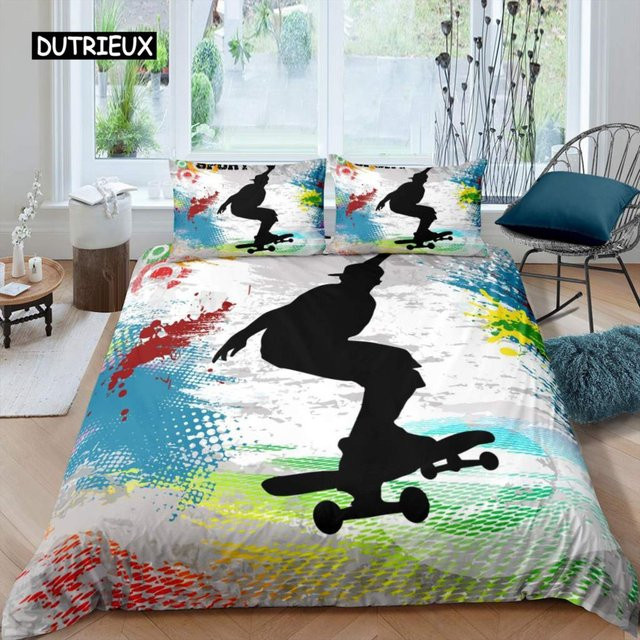 Skateboard Bettwäscheset aus Mikrofaser mit Graffiti-Art für Jungen und Teenager, Mehrfarbig, B/T: 180 x 210 cm - Bild 1