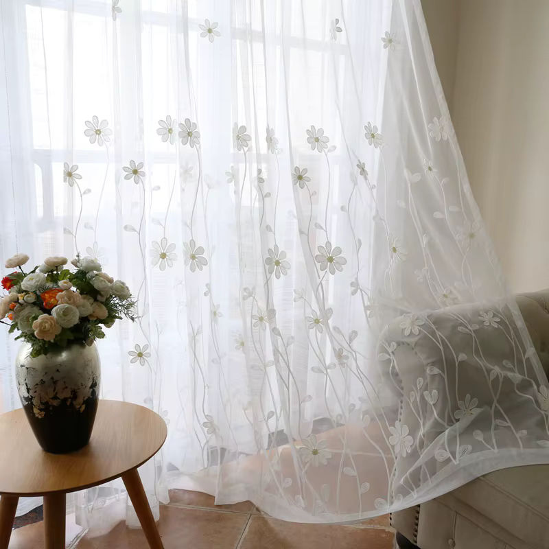 AiFish Transparent Voile-Vorhang mit Blumenstickerei in Weiß, Breite: 100 cm, Höhe: 180 cm - Bild 5