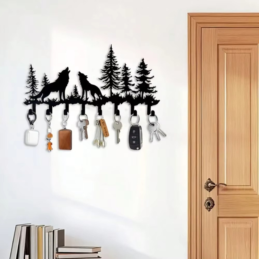 WildHearth Rustikaler Wolf-Schlüsselhalter aus Metall in Schwarz als Wandgarderobe - Bild 3