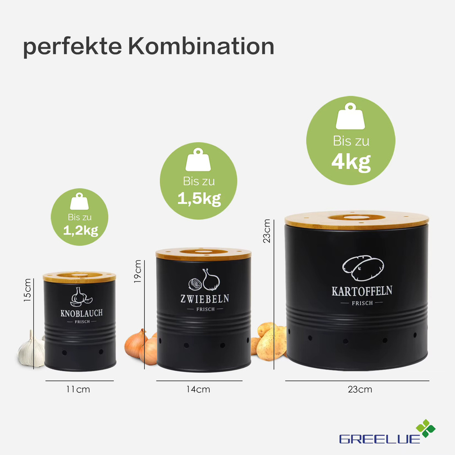 SYLANDO Aufbewahrungsboxen Set für Kartoffeln, Zwiebeln und Knoblauch, 3er Set aus Metall mit Bambusdeckel und Belüftungslöchern, Schwarz - Bild 2