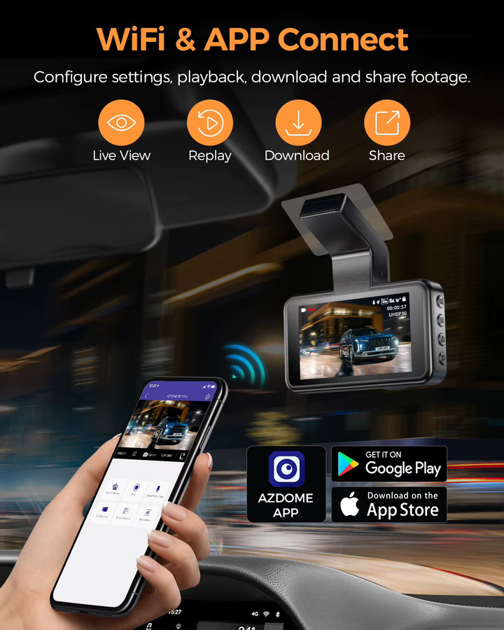 AZDOME Dashcam M17 Pro mit Front- und Heckkamera, 3K+1080P Auflösung, WiFi 6, ADAS, Sprachsteuerung und 24H Parkmodus, Schwarz - Bild 4