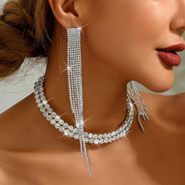 YIRAN Jewelry Schmuckset, Quastenohrringe und doppelreihige Halskette, Damen, Silver brown - Bild 1