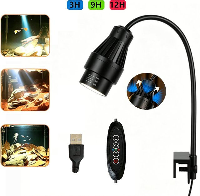 TUNFAN USB Clip-on LED Aquarium-Spotlight in Schwarz mit einstellbarem Fokus 15-60 Grad, 3-Farben RGB, Zyklustimer und Kühlventilator - Bild 1