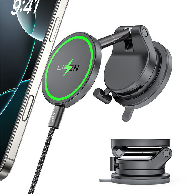 LISEN Saugnapf-Handyhalter mit Qi2.2 25W kabellosem Autoladegerät für iPhone, Schwarz - Bild 1