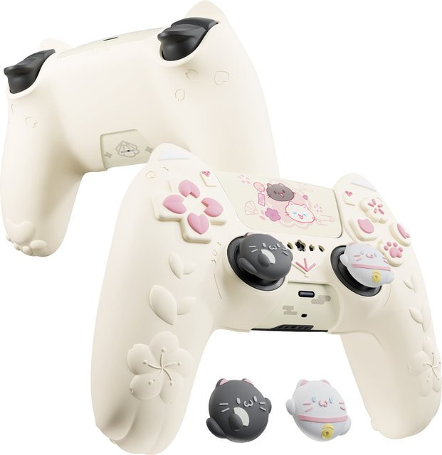 PlayVital Controller-Hülle für PS5 mit Kirschblüten-Kätzchen Design, Anti-Rutsch-Schutzhülle aus weichem Gummi mit Daumengriff in Weiß und Gelb - Bild 1