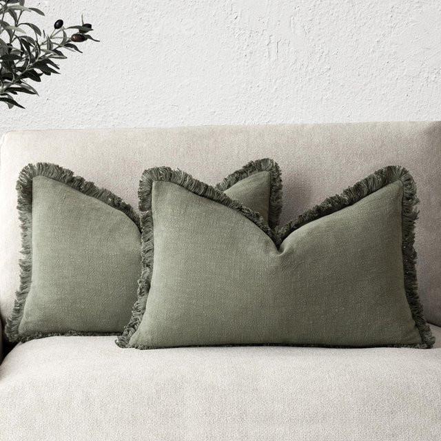 ILVISEST Set aus 2 dekorativen Leinen-Kissenbezügen im Boho-Stil mit Fransen und Quasten, Farbe: Grau, B/H: 50 x 30 cm - Bild 1