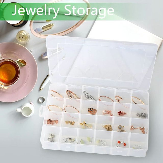 QIAO Organizer mit 24 Gittern aus transparentem Kunststoff mit verstellbaren Trennwänden für Schmuck, Bastelbedarf und Kleinteile - Bild 1