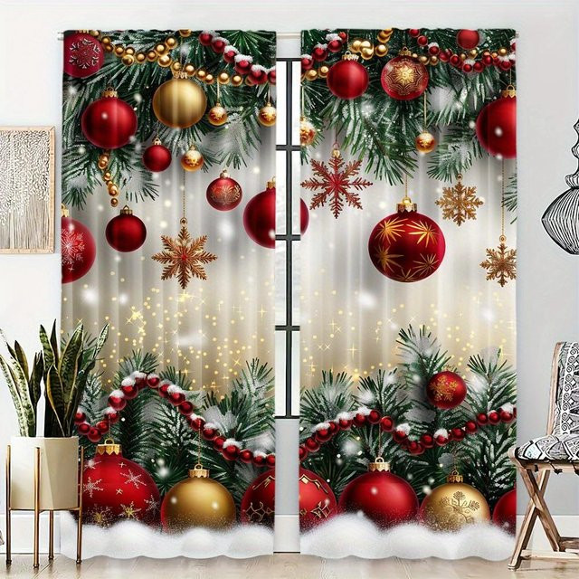 Yiran Furniture Weihnachtsvorhänge Set mit Weihnachtskugeln und Schneemuster, Rot Grün Weiß, B: 60 cm, H: 60 cm, 2 Stück - Bild 1