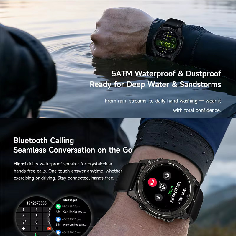 Yaocx Outdoor Smartwatch mit Bluetooth-Anruffunktion, LED-Taschenlampe, Kompass, Barometer, 530mAh Akku, Schlafüberwachung und 5ATM Wasserdichtigkeit in Schwarz oder Grün - Bild 3
