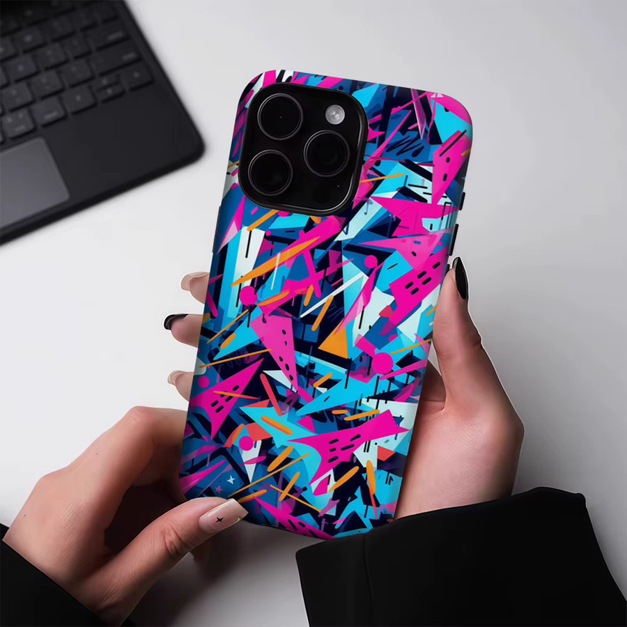Potdemiel Magnetische Handyhülle mit rosa-blauem Geometrie-Design für iPhone 17 16 15 14 13 Pro Max Plus, robuste Doppel-Schicht-Schutzhülle, Mehrfarbig - Bild 4