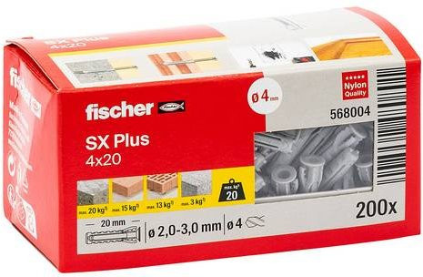 Fischer SX Plus Spreizdübel aus Nylon in Grau und Weiß, Durchmesser: 4 mm, Länge: 20 mm, 200 Stück - Bild 1