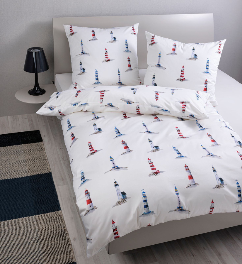 Modern Art S 42144 Bettwäsche aus Mako-Satin und Baumwolle in Blau, Rot und Weiß mit nautischem Grafikdesign, Breite: 155 cm, Länge: 220 cm - Bild 1