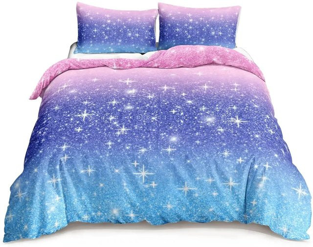 Flylo Bettwäsche-Set mit Mond und Sternen im Galaxie-Design, Blau Rosa Lila, B/H: 135 x 200 cm - Bild 1