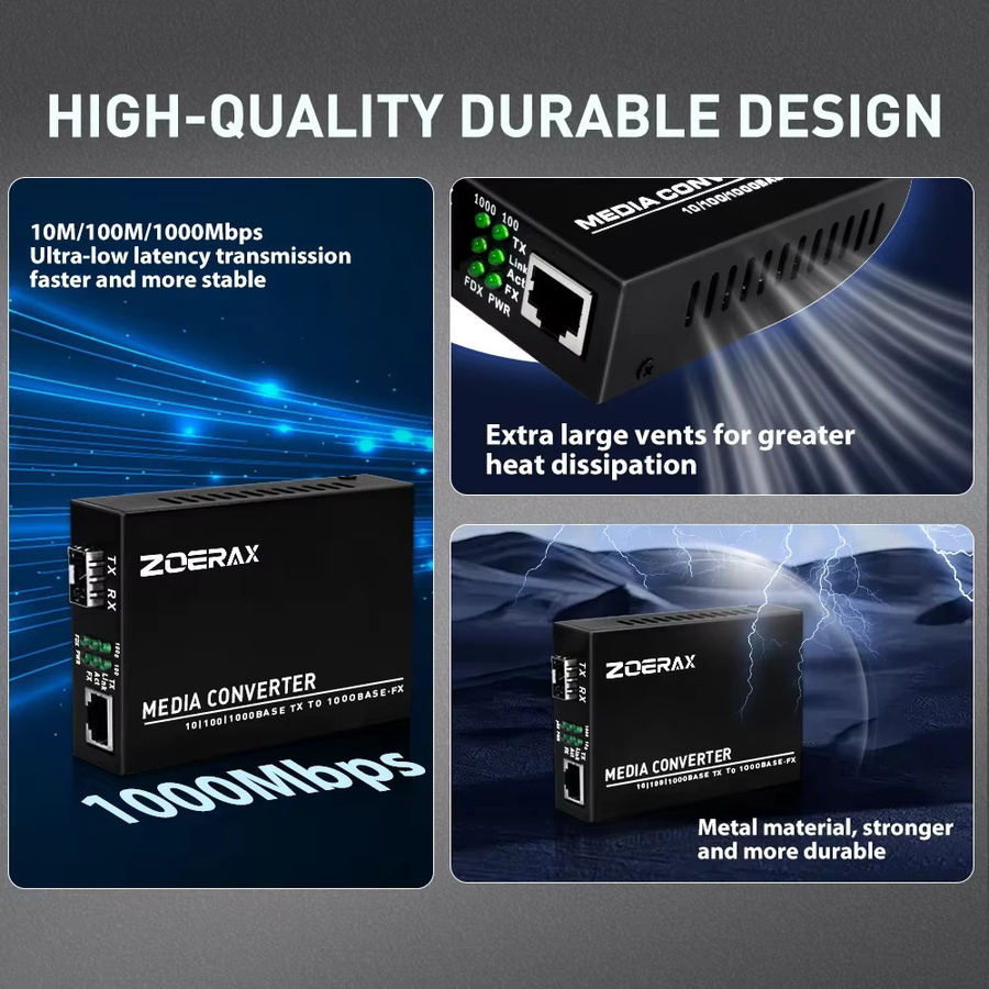 ZoeRax Gigabit SC Single-Mode SFP Transceiver-Modul mit Glasfaser-zu-RJ45-Ethernet-Medienkonverter in Schwarz - Bild 3