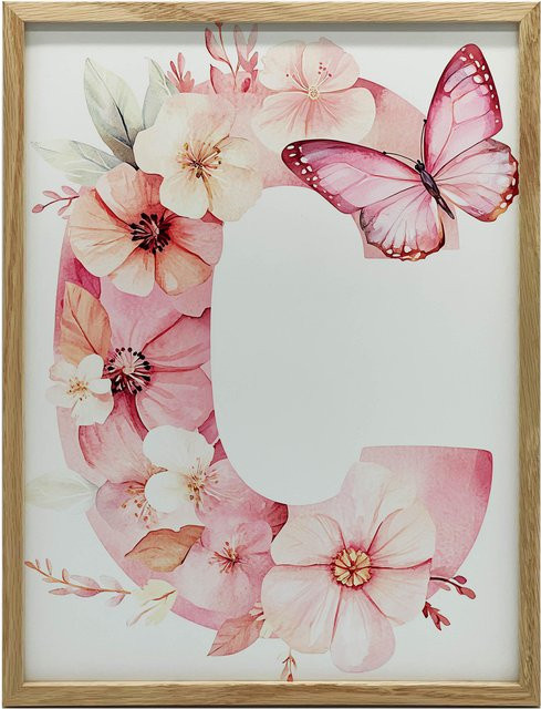 Poster mit dem Buchstaben C in rosa Blumen von Marcin Zbijowski, B: 30 cm, H: 40 cm, mit dunkelbraunem Holzrahmen und Mattpapier - Bild 1