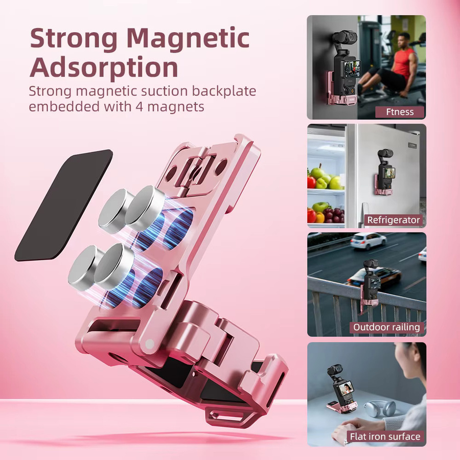 BRDRC Magnetische Erweiterungshalterung für DJI OSMO Pocket 4 in Pink, Metallkäfig mit verstellbarer Basis und Cold-Shoe-Adapter - Bild 2
