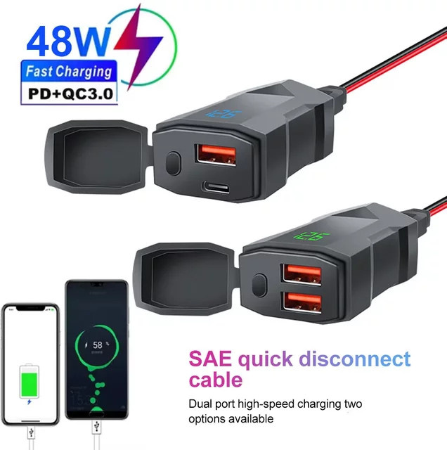 Motorrad USB-C Steckdosen-Set für den Lenker mit Schalter und Spannungsanzeige in Schwarz - Bild 1