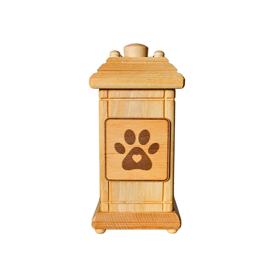 Dekohelden24 Tierurne für Hunde aus Buchenholz mit Hundemotiv und Pfotenabdruck, braun, B/T/H: 12 x 12 x 20 cm - Bild 2