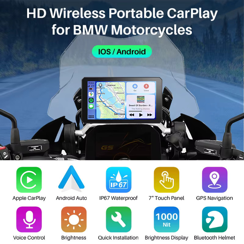 IYING 7 Zoll Motorradradio für BMW R1200GS R1250GS R1300GS und S1000XR mit Wireless CarPlay, Android Auto und GPS Navigation in Schwarz - Bild 4