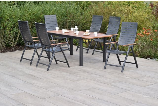 Merxx Gartenmöbelset Tinos 7-teilig aus Akazienholz und Aluminium in Graphit/Anthrazit mit Klappsesseln und Ausziehtisch - Bild 1
