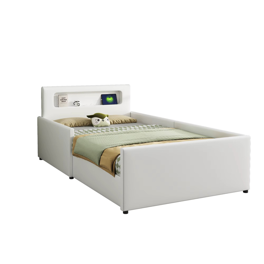 KOMHTOM Kinderbett Einzelbett aus Kunstleder mit Nachtlicht, USB-Ladeanschluss und Ablagefächern, B/T/H: 90 x 200 cm, Beige/Weiß - Bild 2