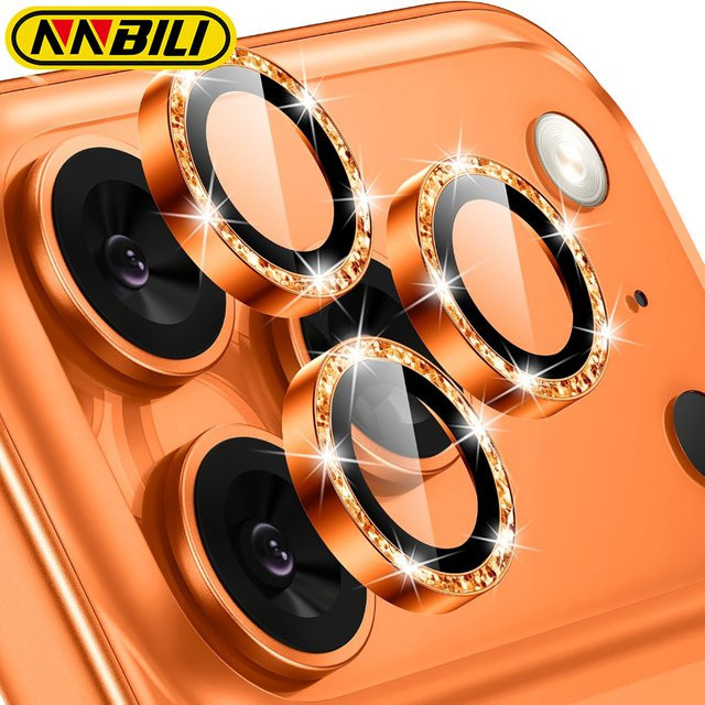 NNBILI 3er-Set für iPhone 17 16 15 14 13 Pro Max mit Glitzer Metall Bling-Ring-Cover und 9H kratzfestem Panzerglas in Orange - Bild 1