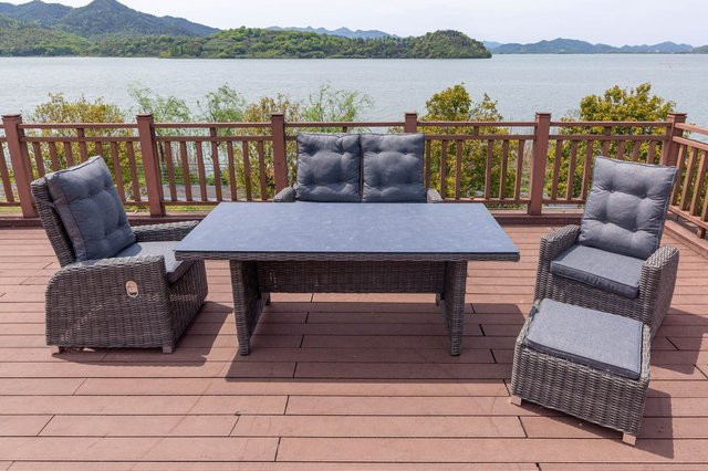 OUTFLEXX Garten-Essgruppe aus Polyrattan in Grau mit Spraystone Tisch und Sitzmöbeln bestehend aus 2 Sesseln, 2 Sitzern und einem Hocker, Tisch Maße: Breite: 200 cm, Tiefe: 95 cm - Bild 1