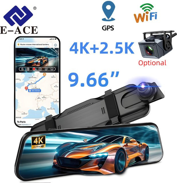 E-ACE 4K WIFI GPS Spiegelkamera für dein Auto mit Touchscreen-Videorekorder und optionaler 2.5K Rückkamera als DVR Black Box in Schwarz - Bild 1