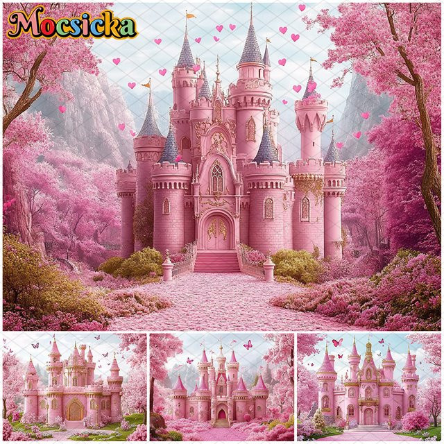 Mocsicka Fotohintergrund Rosa Schloss mit Frühlingsblumen und Bäumen für Porträt- und Geburtstagsfotografie - Bild 1